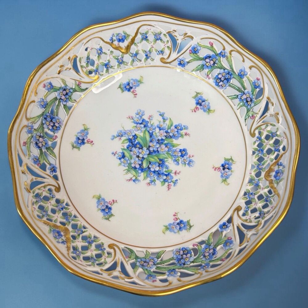 Schumann Bavaria Blue Forget Me Not Reticulated Round Bowl 7.5 Inches Vintage
